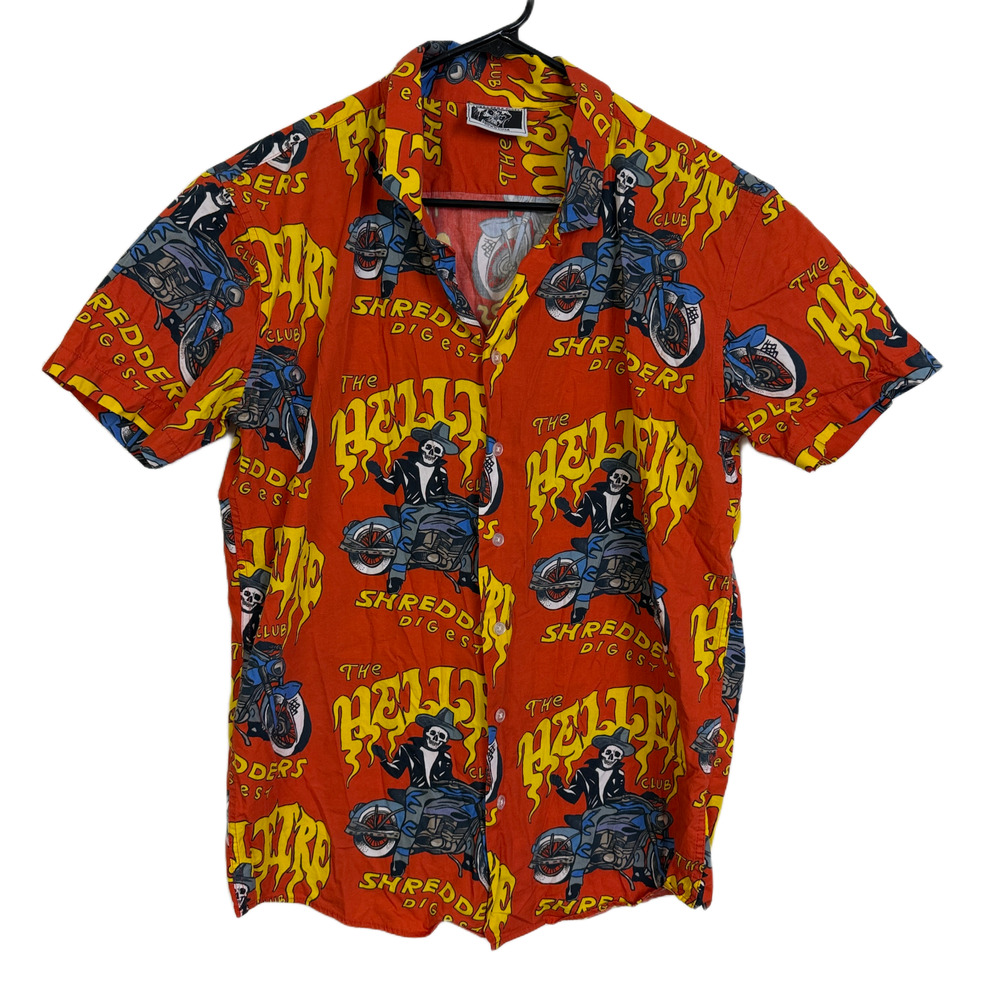 Shredders Digest Shirt Mens Size Medium Red Short Sleeve Button Motorcylce Skull